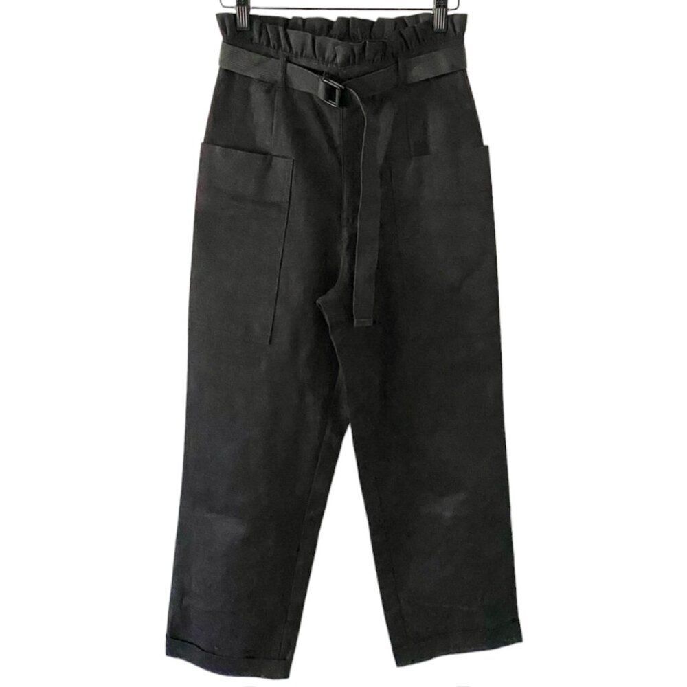 ZARA Black High Rise Belted Wide Leg Paperbag Twill Trousers Pants Size XS